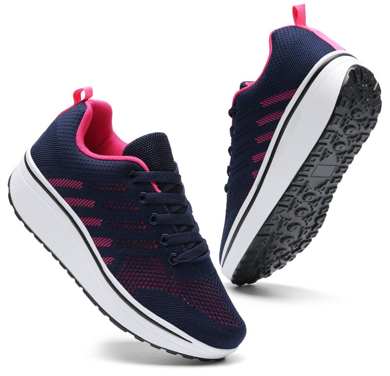 DADAWEN Women's Slip On Breathable Mesh Walking Tennis Shoes Lightweight Comfort Wedge Platform Casual Sneakers for Gym Travel Work Navy/Hot Pink US Size 5 - Image 1